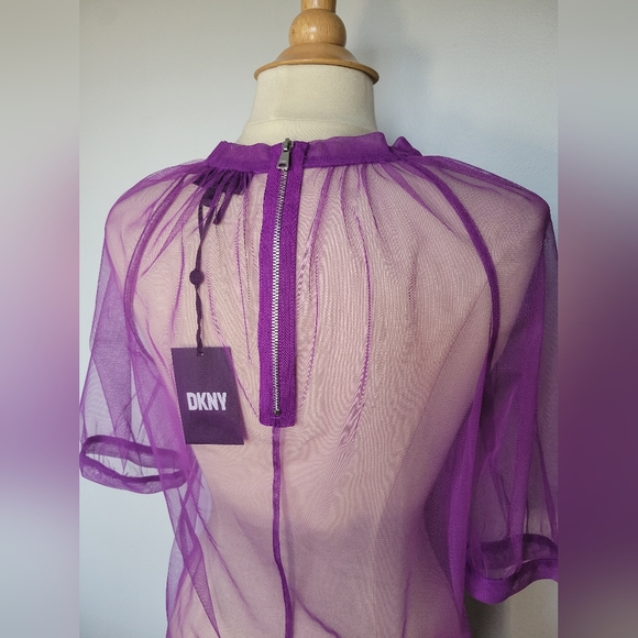 NWT! DKNY Purple Sheer Tulle Overlay Puffy Sleeve Blouse Top SZ M - Picture 6 of 8